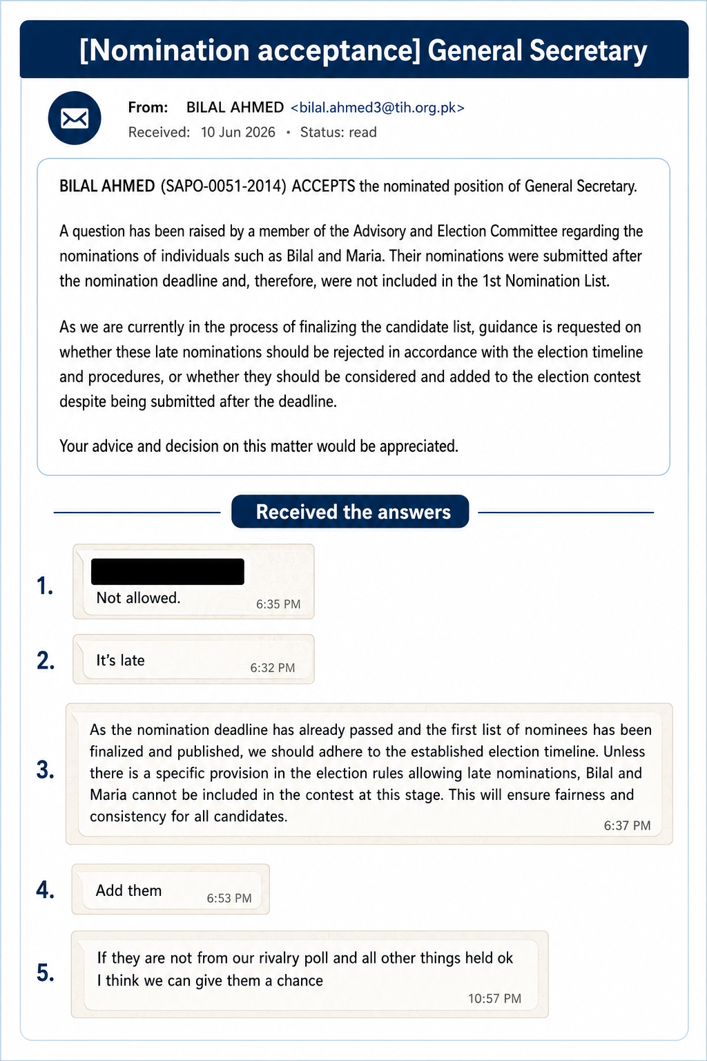 Notice of Rejection of Late Nominations